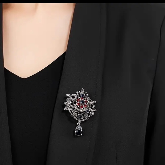 Red Flower Brooch, Lapel Pin or Pendant with Blue Rhinestones for Jacket, Blazer - Picture 2 of 8